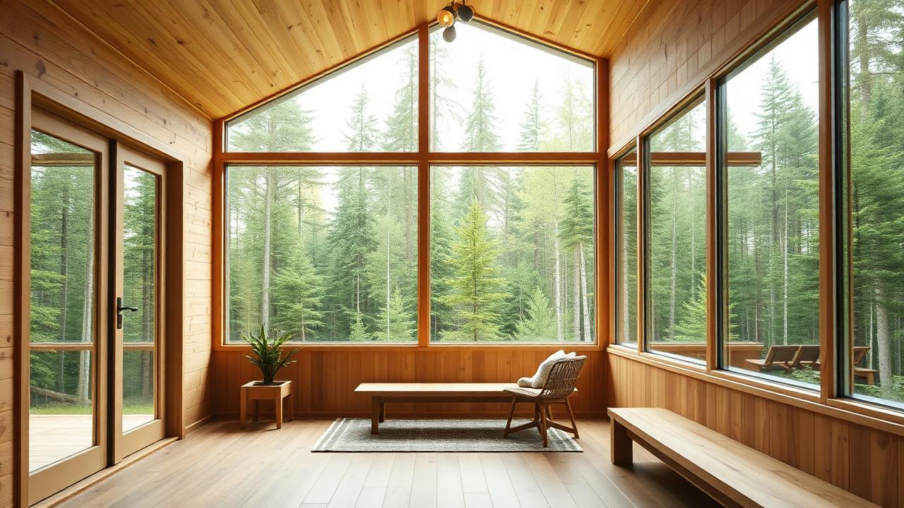 Cabane scandinave en forêt avec grandes baies vitrées