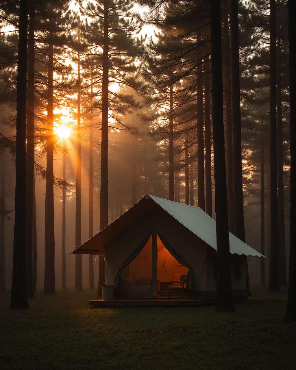 Glamping en forêt européenne au coucher du soleil